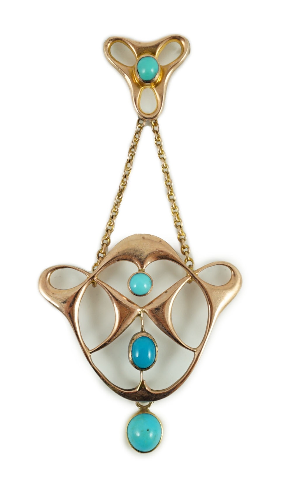 An Edwardian Art Nouveau 9ct gold and turquoise set drop pendant